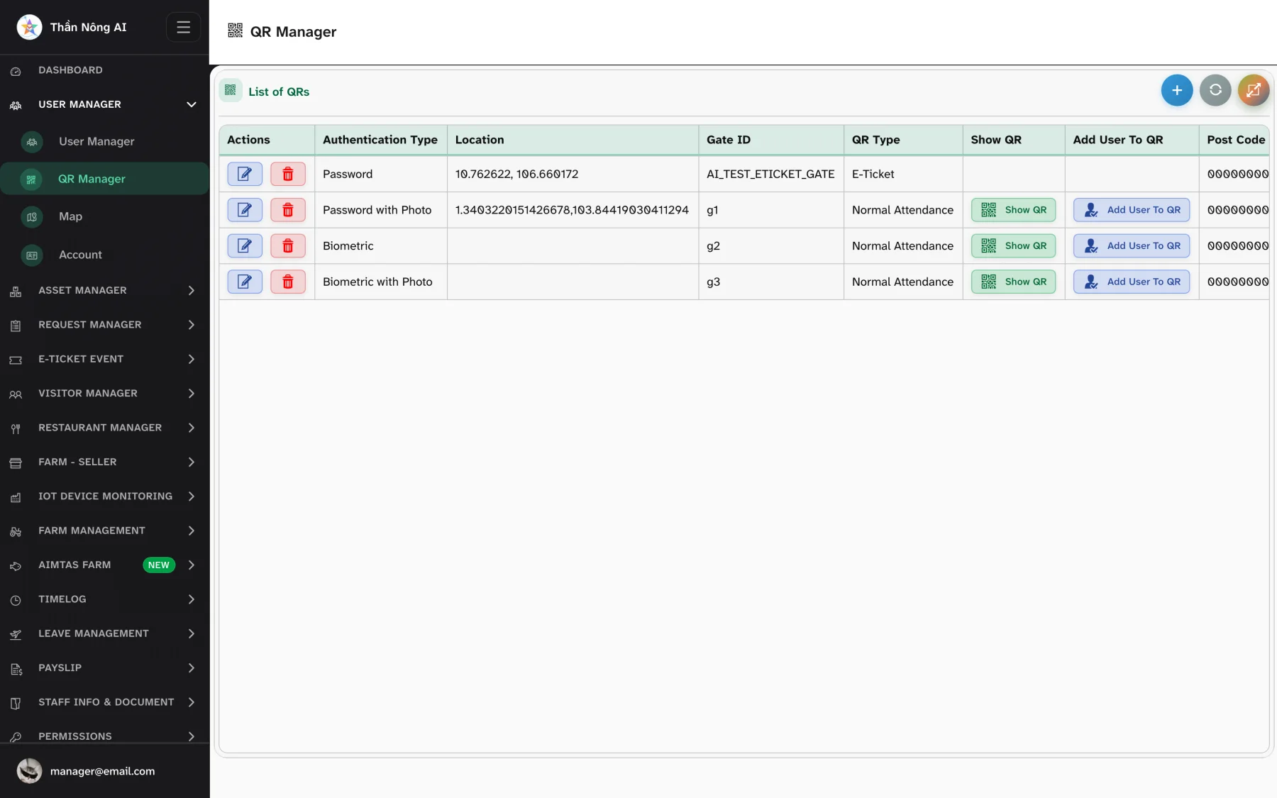 Multi-method attendance — User Manager › QR Manager