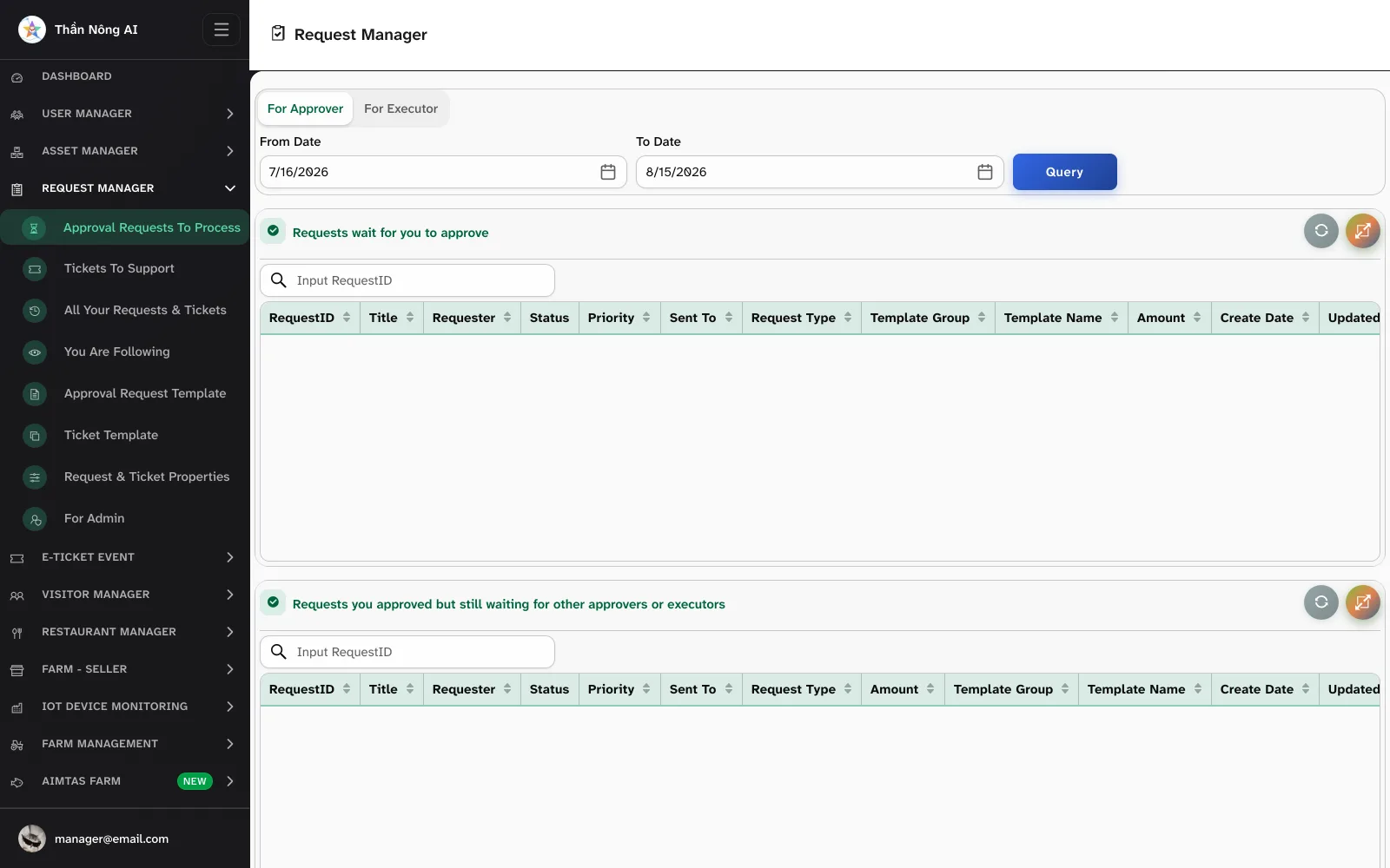 📥 Work the queues — Request Manager › Approval Requests To Process · Tickets To Support