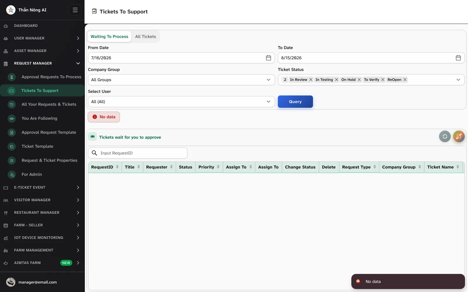📥 Work the queues — Request Manager › Approval Requests To Process · Tickets To Support