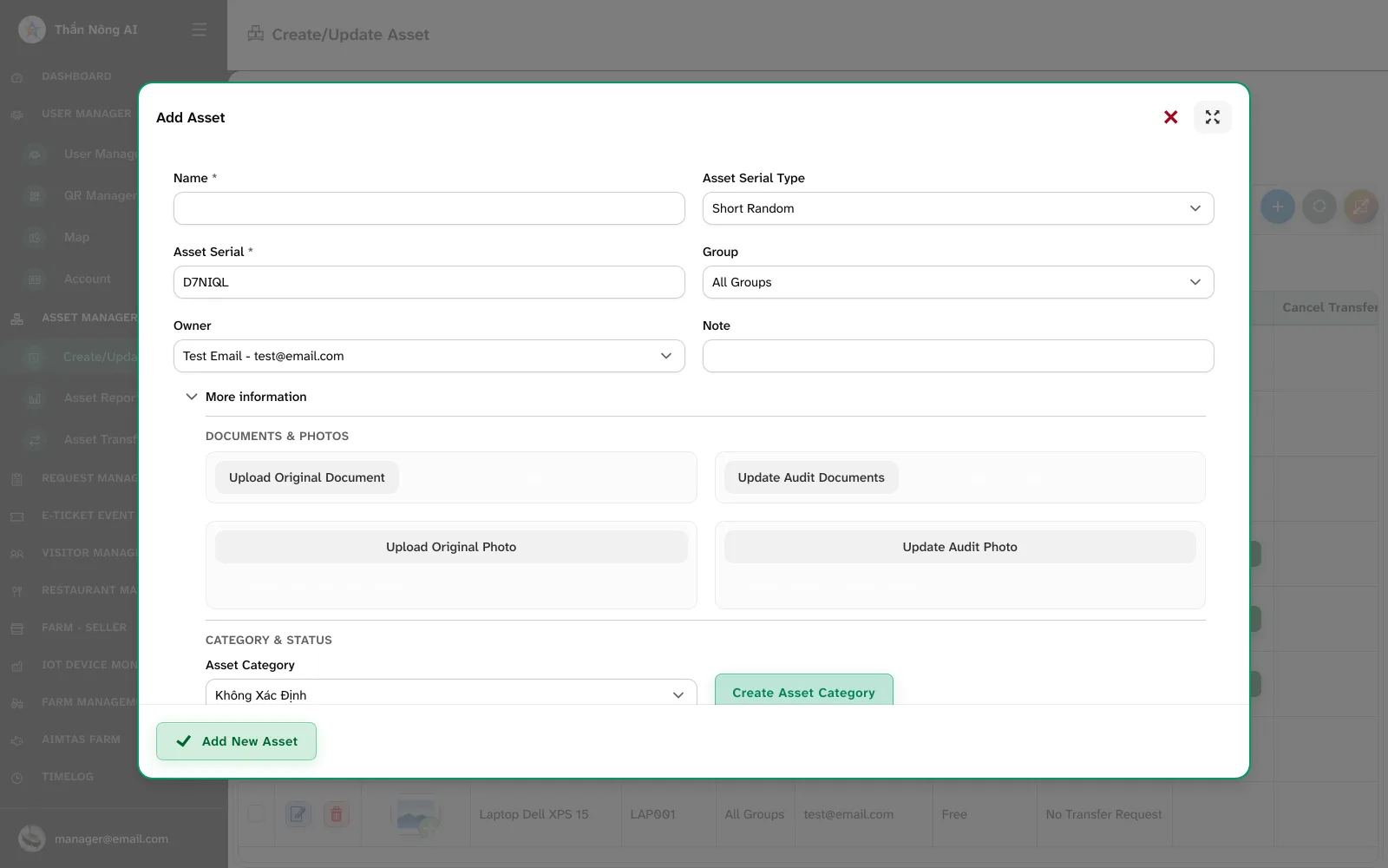 ➕ Create an asset — Asset Manager › Create/Update Asset