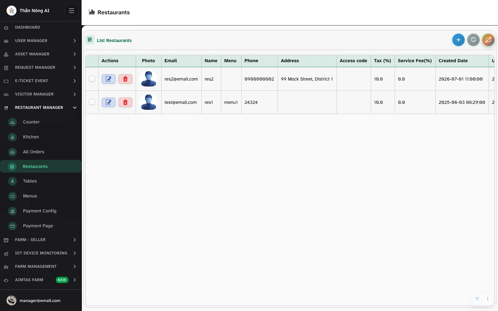 The Restaurant Manager menu group with its 8 entries in the iAttendance company portal