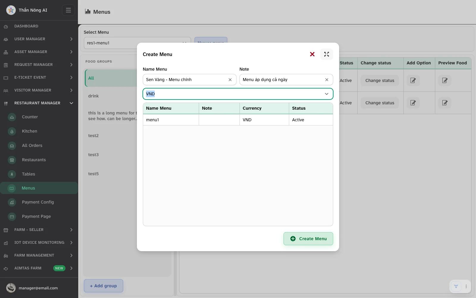 The Create Menu dialog with Name Menu, Note and the currency selector