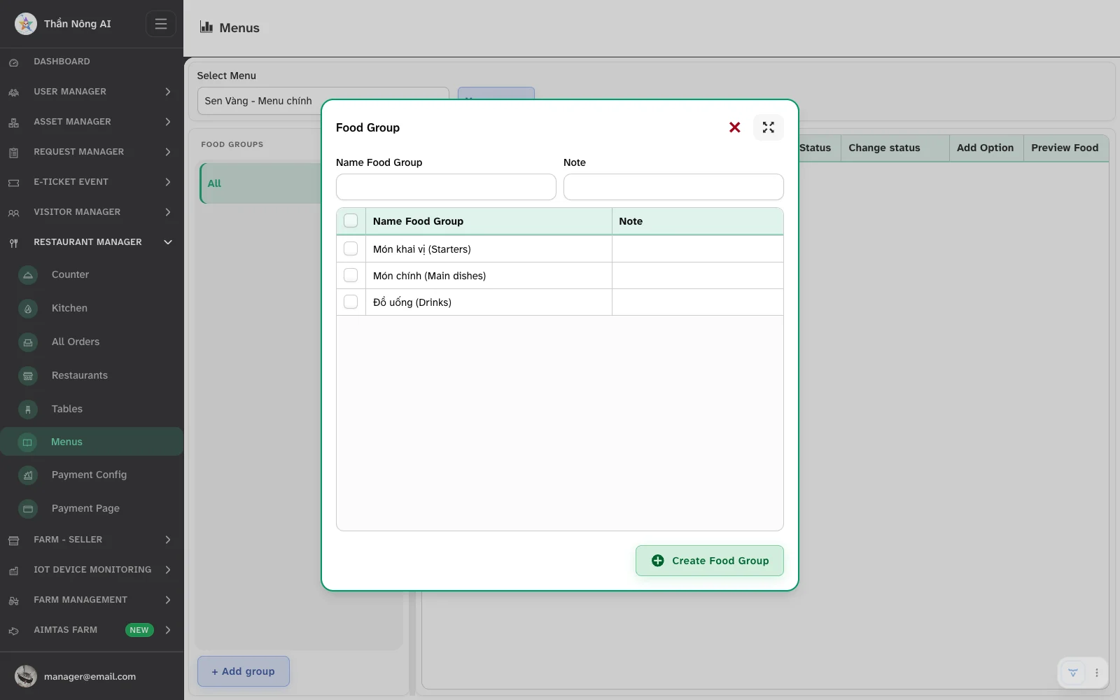 The Food Group dialog with three groups already created