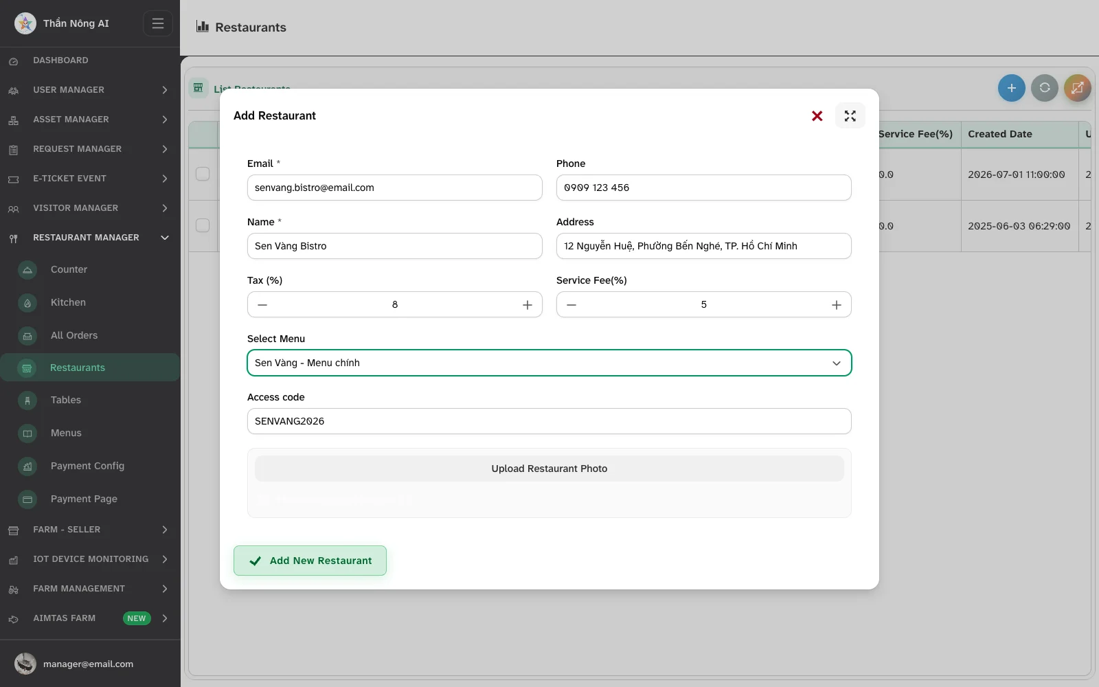 The Add Restaurant dialog with tax, service fee, menu and access code
