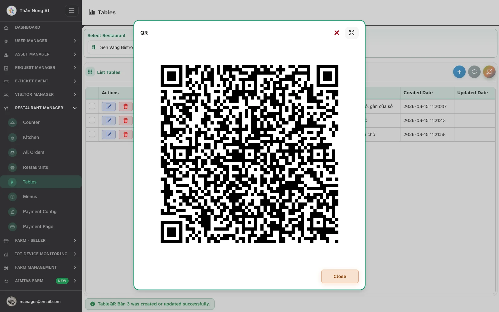 The QR dialog showing the code for Table 1