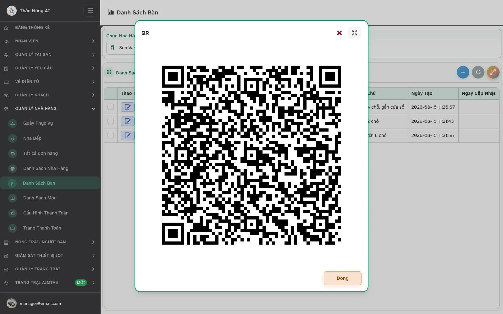 Hộp thoại QR hiển thị mã QR của Bàn 1