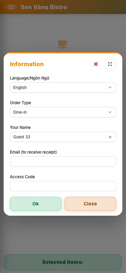 The guest information screen shown after scanning the table QR code