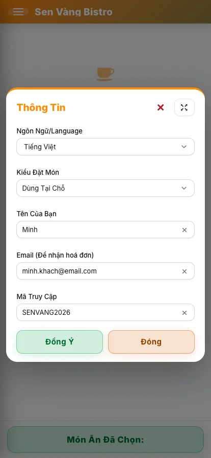 Màn hình khai báo thông tin của khách sau khi quét mã QR