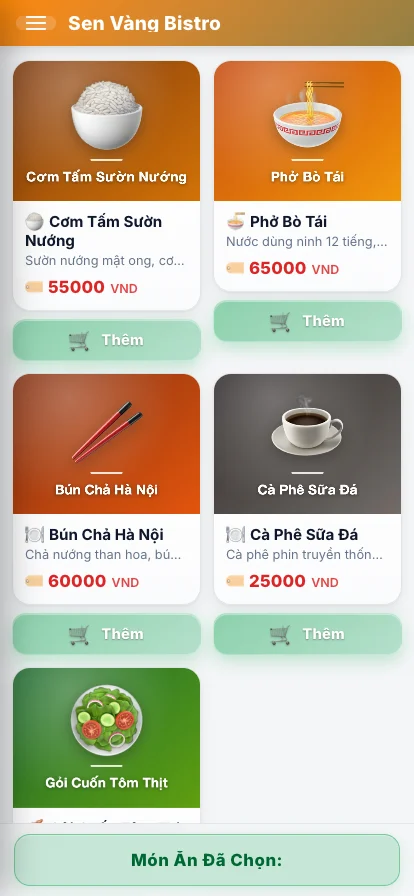 Thực đơn trên điện thoại với ảnh món, giá và nút thêm vào giỏ