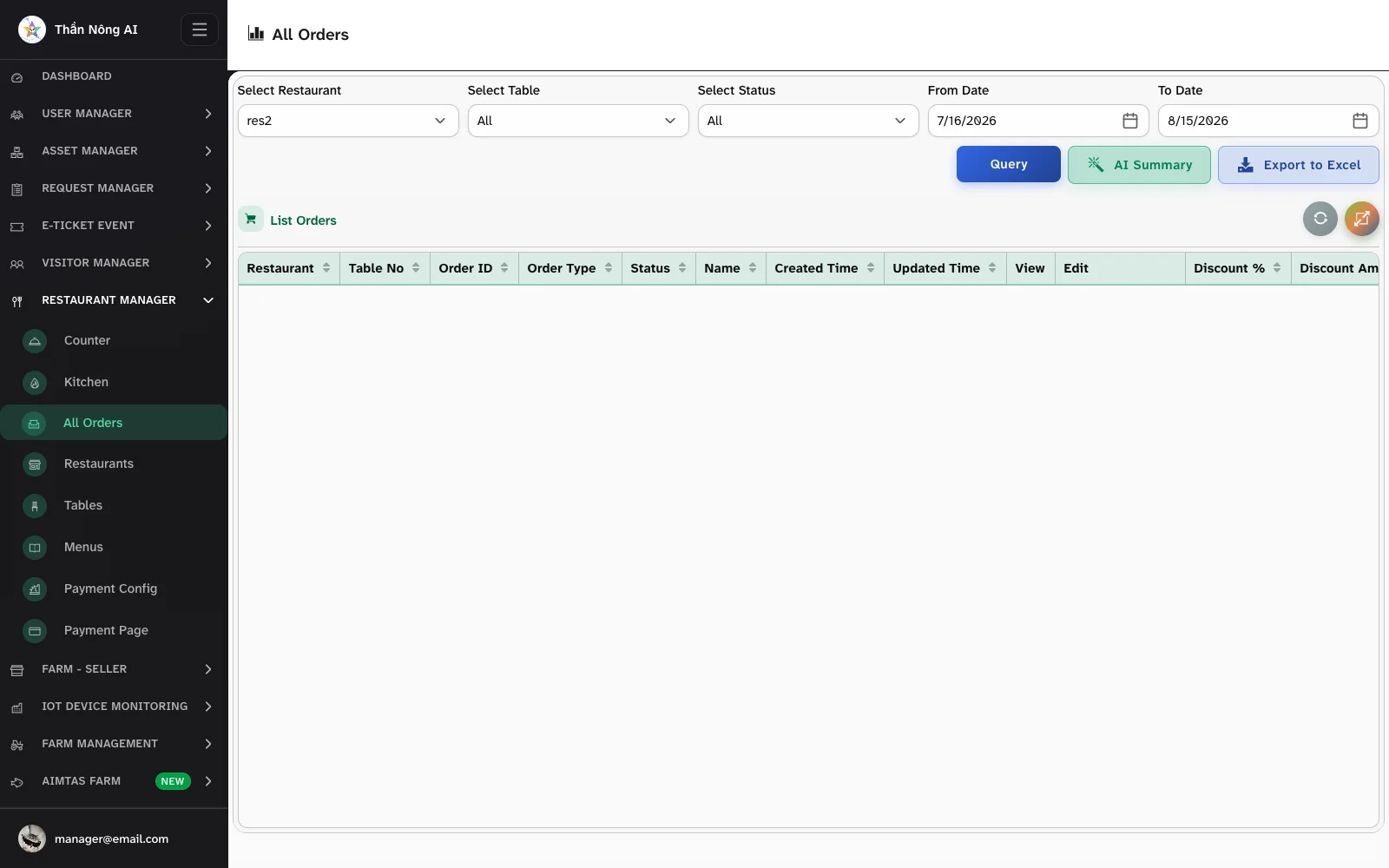 The All Orders page with its filters and the Export to Excel button