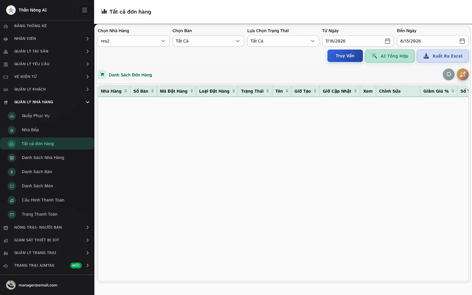Trang Tất cả đơn hàng với bộ lọc và nút Xuất Ra Excel