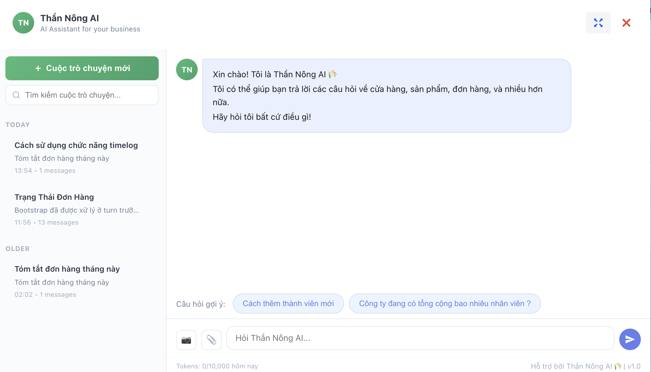Giao diện cổng hỗ trợ Thần Nông AI